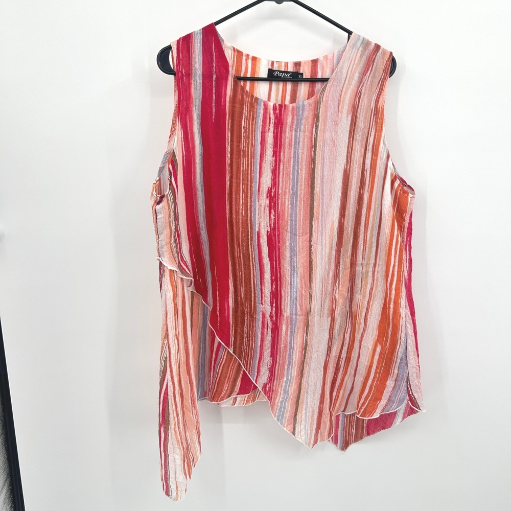 Asymmetrical Striped Blouse XL Red Orange Boho Artsy Sleeveless Tunic Lagen Top